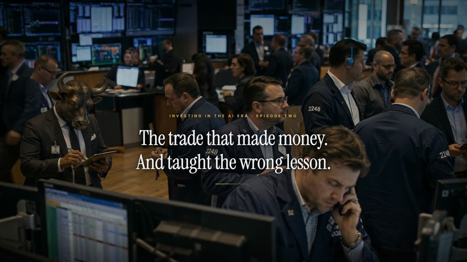 A crowded trading floor; the title reads: The trade that made money. And taught the wrong lesson.