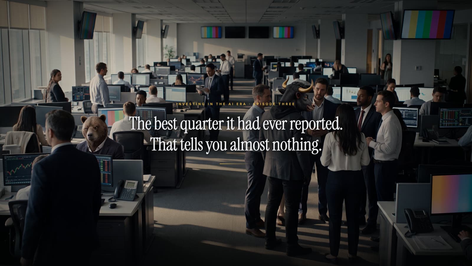 A trading floor at the end of the day, a bear and a bull among the analysts; the title reads: The best quarter it had ever reported. That tells you almost nothing.