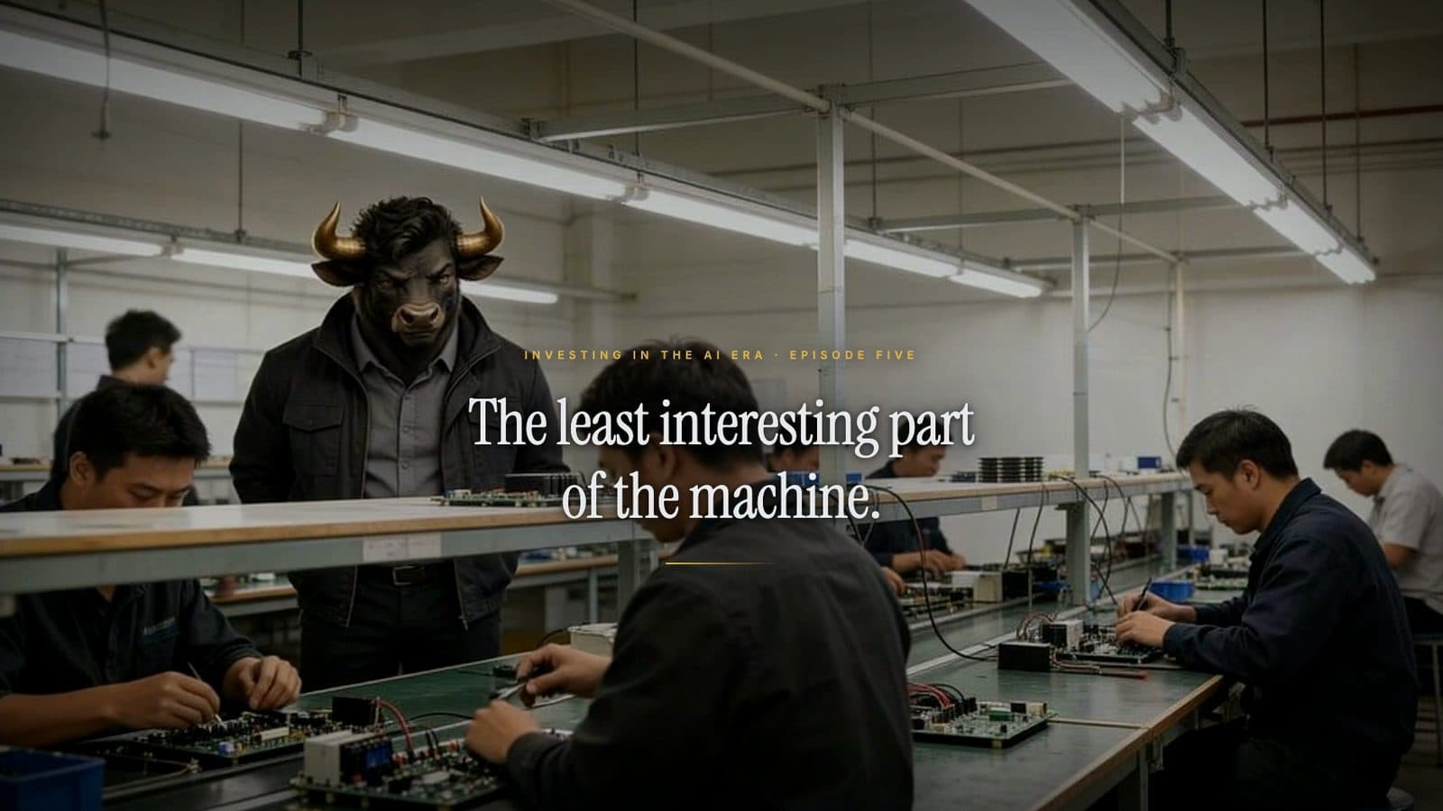 An electronics assembly line where technicians solder circuit boards at long benches, a bull in a jacket watching over them; the title reads: The least interesting part of the machine.