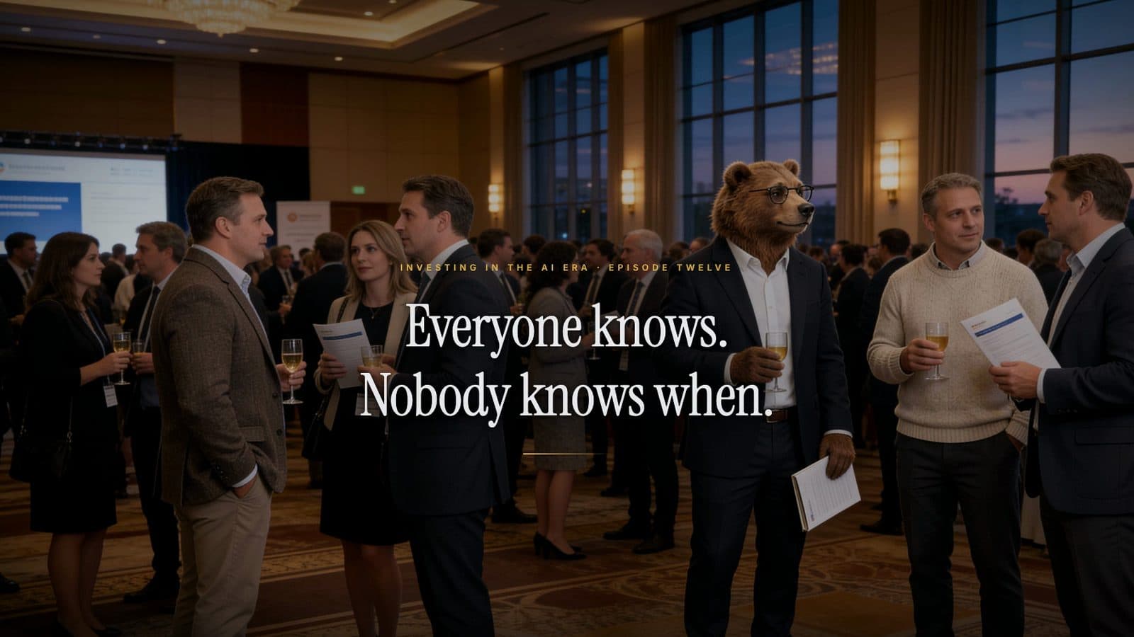 A crowded conference reception at dusk, a bear in a suit mid-conversation among the guests; the title reads: Everyone knows. Nobody knows when.